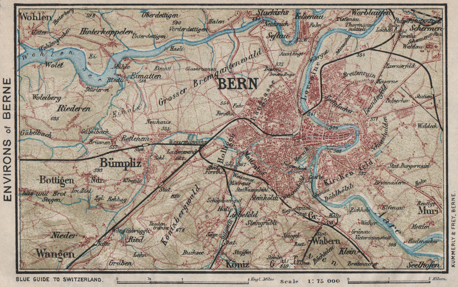BERNE BERNE ENVIRONS. Bümpliz Ostermundigen. Vintage map. Switzerland 1930